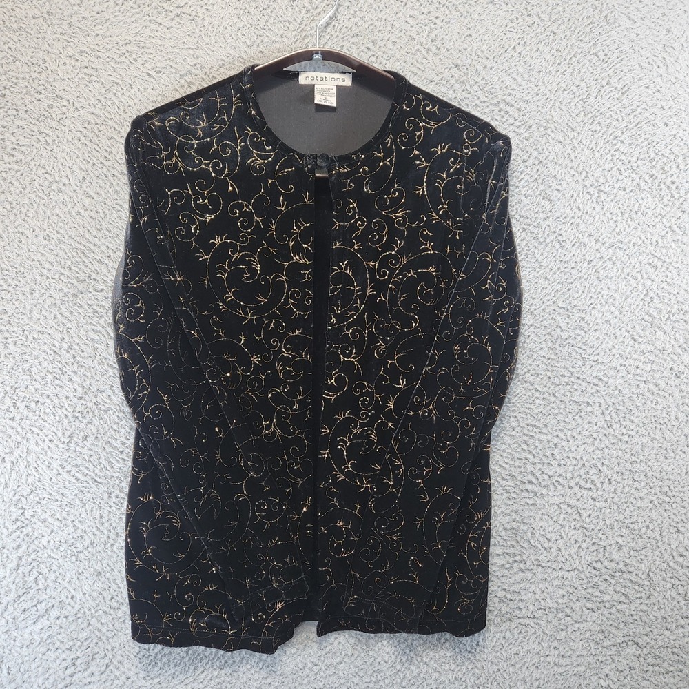 Notations Black Long Sleeve Top Womens Small Swirl Button Neck Cardigan Feminine